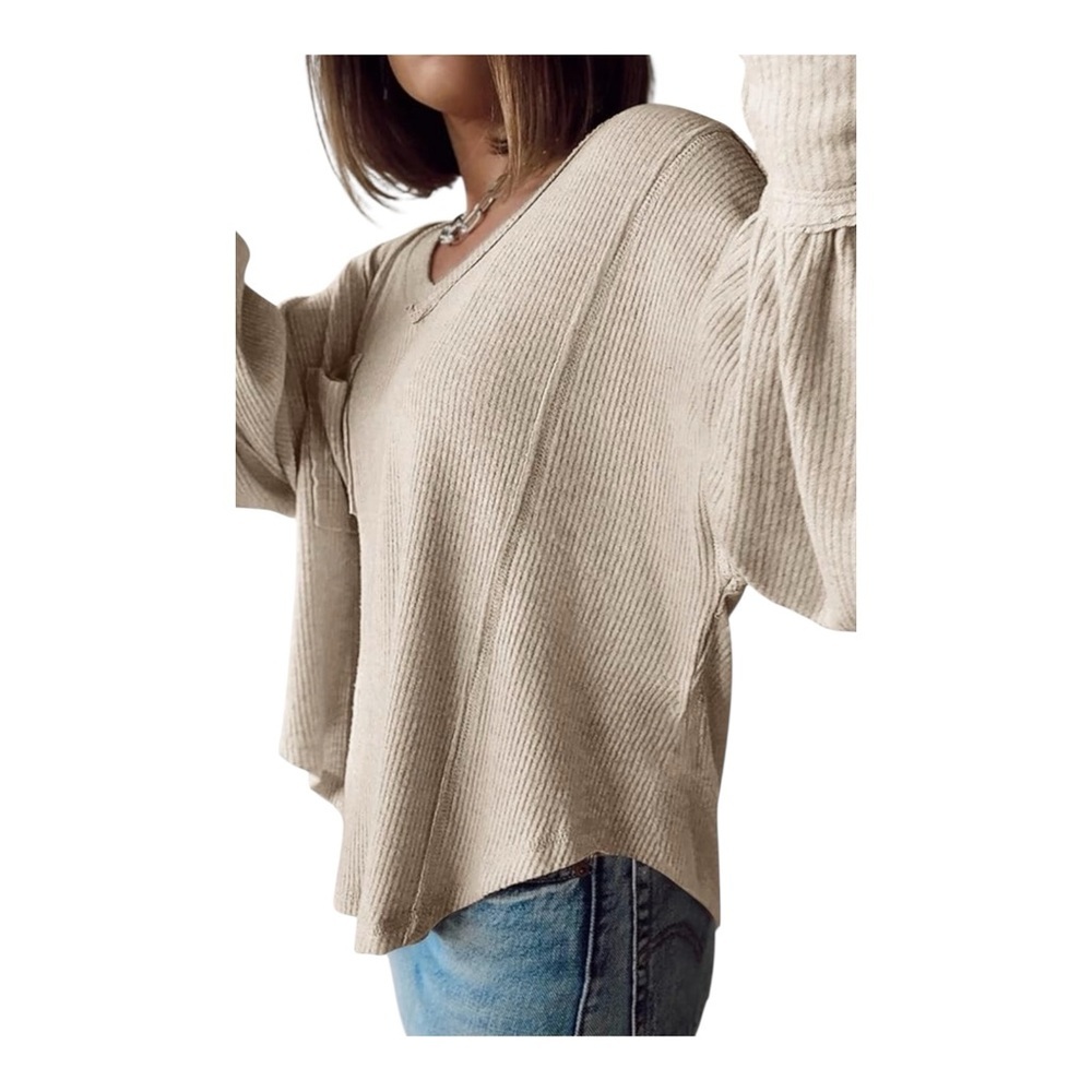 BTFBM Ribbed V-Neck Balloon Sleeve Tunic Top Beige Size L - Picture 5 of 10
